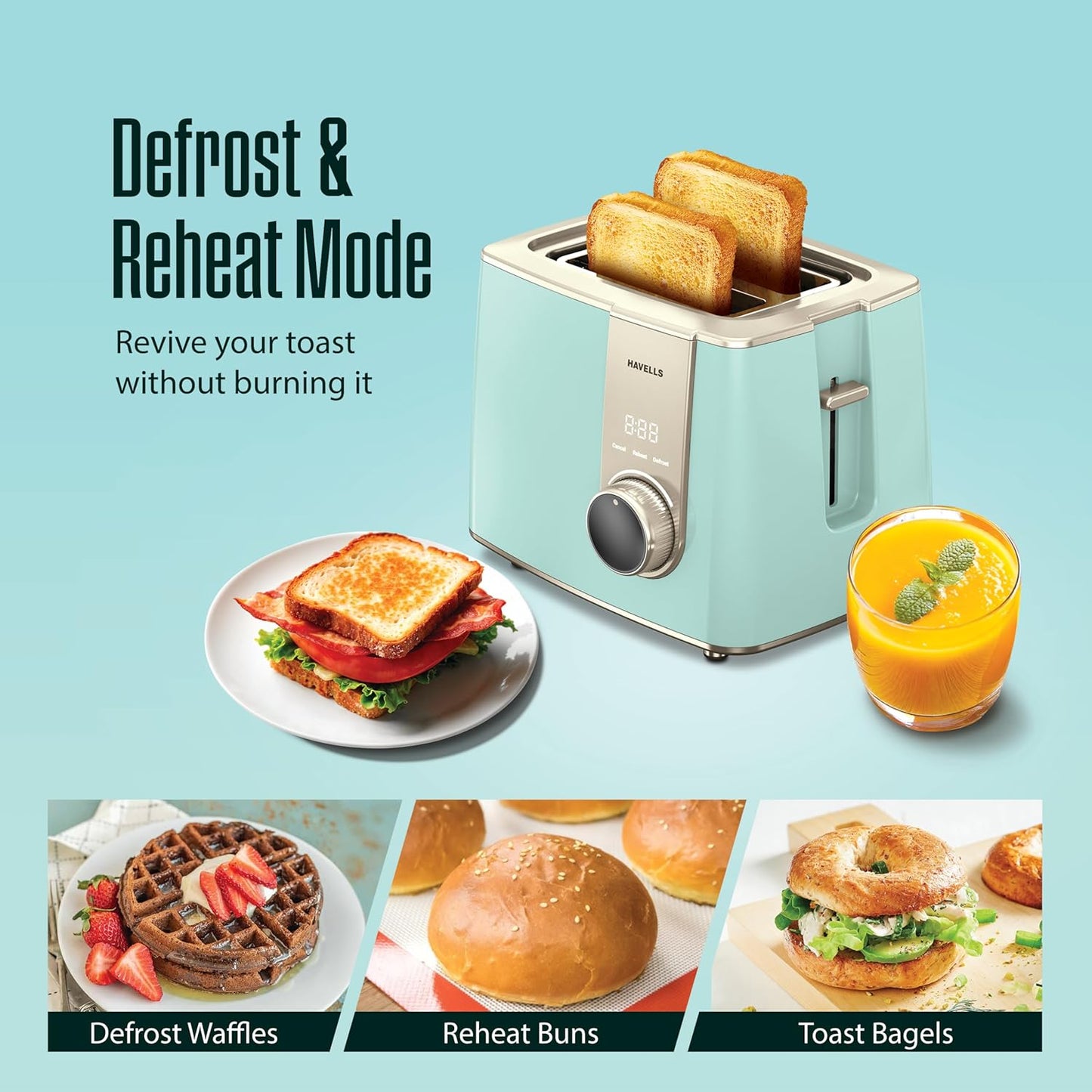 Havells Craft Pop Up Toaster | Display Panel with Touch Control | Custom Browning Level with Timer | Defrost Mode | Reheat Mode | Intelligent Operation (Blue & Gold)