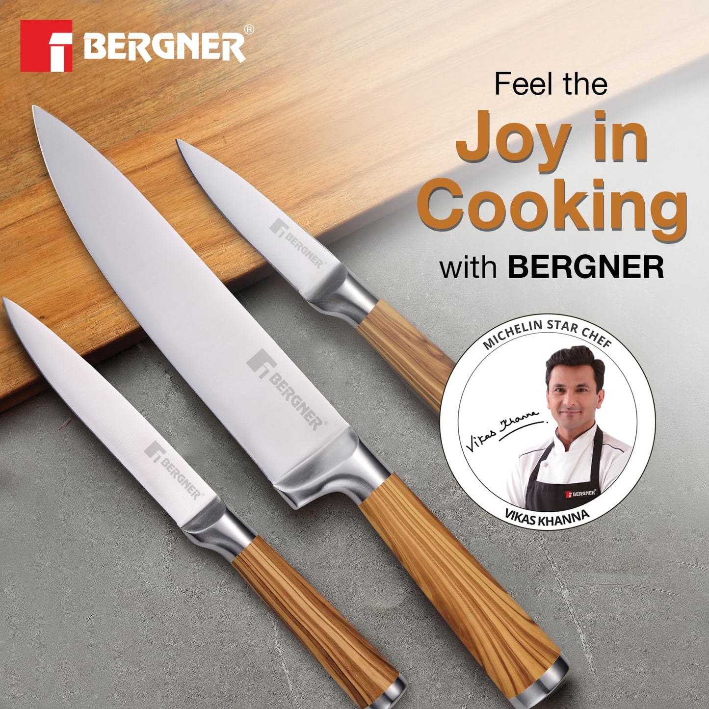 BERGNER Olive Garden Stainless Steel 3 Pcs Knife Set, Kitchen Knife Set of 20cm, 12.5cm and 8.75cm, Durable, Rust Resistant, Soft Touch Wooden Coated Handle, Ideal for Cutting, Dicing, Slicing etc