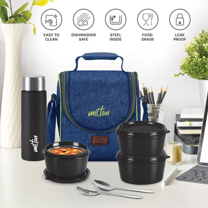 MILTON Dazzle Lunch Box, 3 Microwave Safe Inner Steel Containers 320 ml Each, Steel Bottle 430 ml with Cutlery, Tiffin Box Steel, Lunch Box Bags, Blue