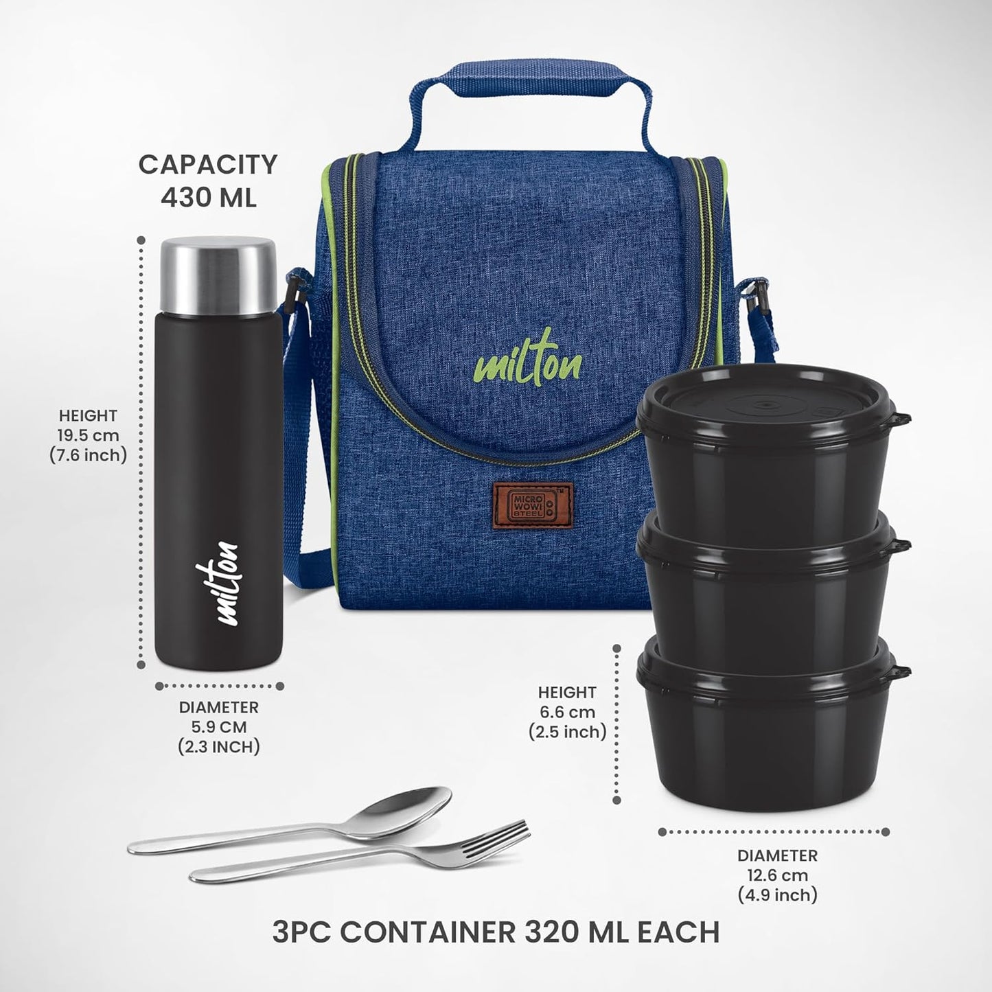MILTON Dazzle Lunch Box, 3 Microwave Safe Inner Steel Containers 320 ml Each, Steel Bottle 430 ml with Cutlery, Tiffin Box Steel, Lunch Box Bags, Blue
