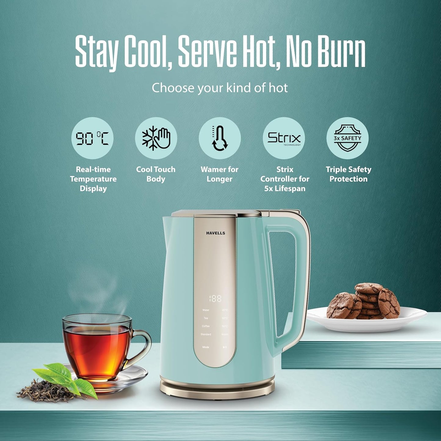 Havells CRAFT Kettle | OptiHeat Technology | Real Time Temperature Display | 12 Hour Keep Warm Function | Strix Controller for 5x Lifespan | Triple Safety Protection (Blue & Gold)