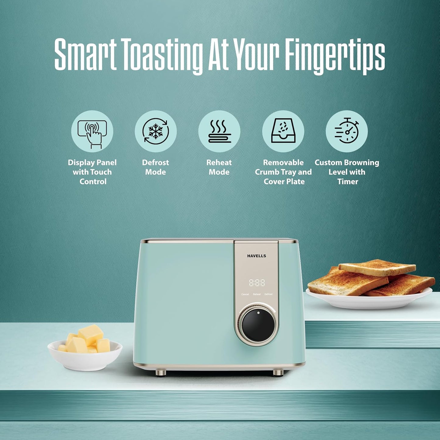 Havells Craft Pop Up Toaster | Display Panel with Touch Control | Custom Browning Level with Timer | Defrost Mode | Reheat Mode | Intelligent Operation (Blue & Gold)