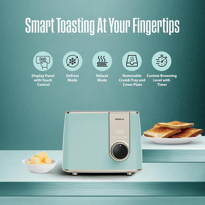 Havells Craft Pop Up Toaster | Display Panel with Touch Control | Custom Browning Level with Timer | Defrost Mode | Reheat Mode | Intelligent Operation (Blue & Gold)