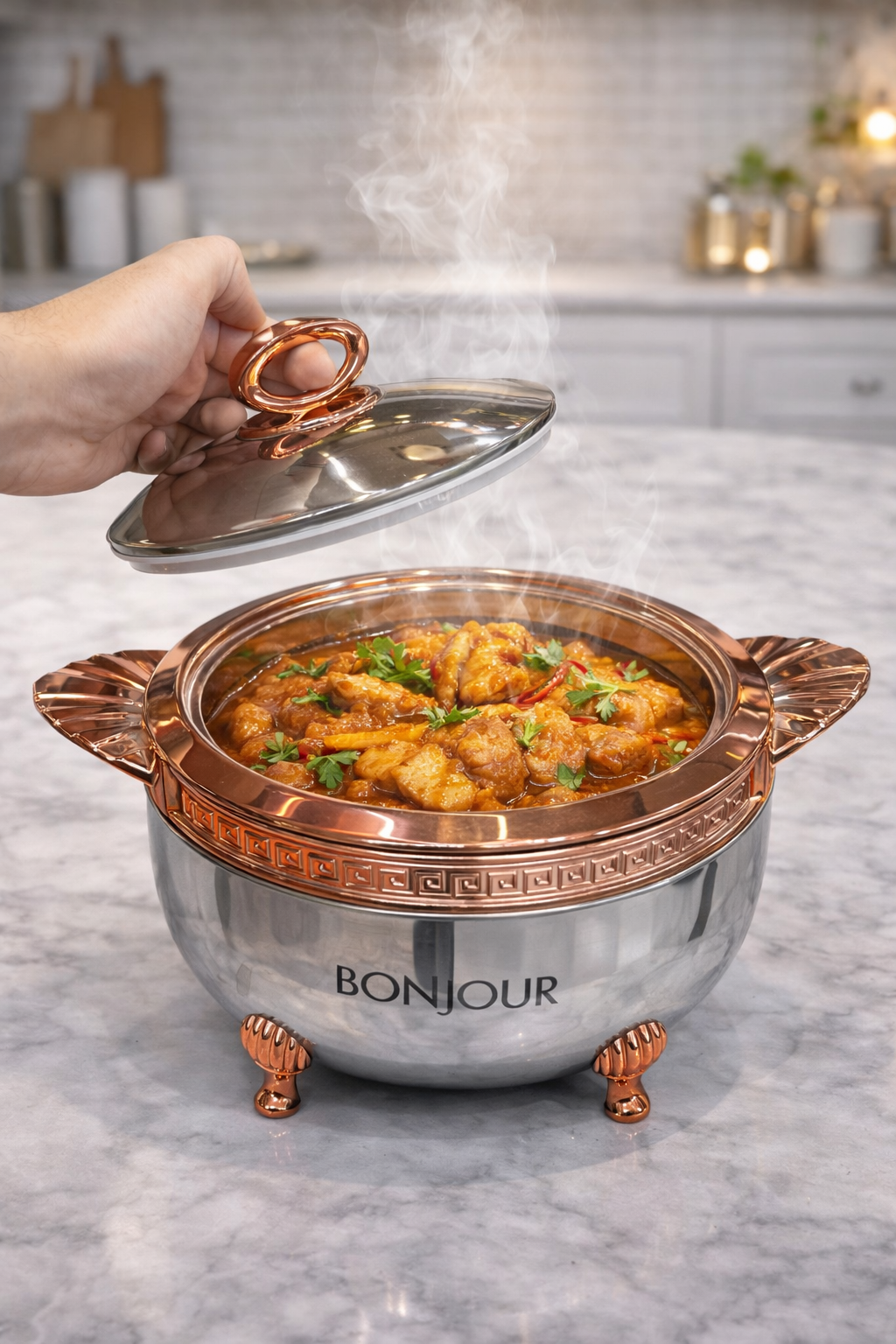 Bonjour Roseate Stainless Steel Casserole Set – 3 Pcs (2000 ml, 2500 ml & 3500 ml) | Copper Finish Hotpot | Premium Insulated Serveware for Kitchen & Dining