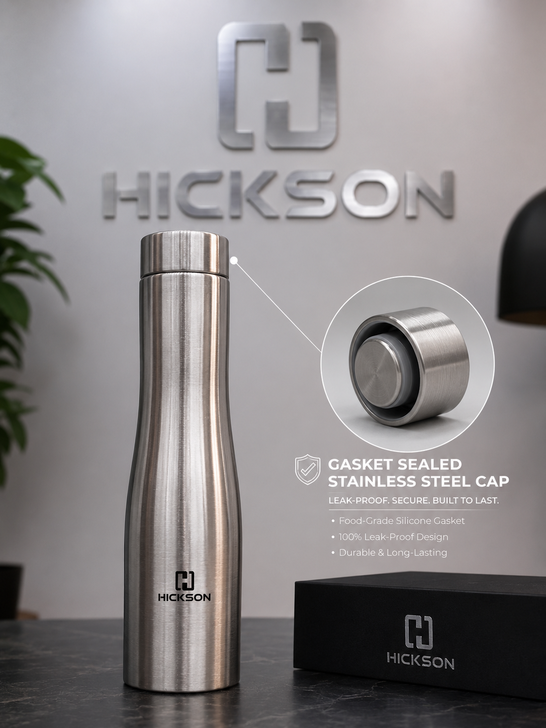 Hickson 1000ml Stainless Steel Vacuum Insulated Water Bottle with Gasket-Sealed Leakproof Cap | Double Wall Steel Flask for Hot & Cold Beverages