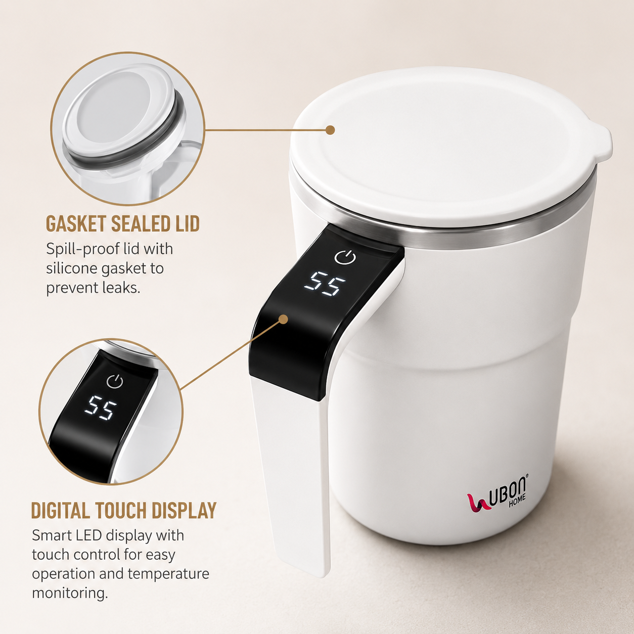 UBON Home CM-1120 Rechargeable Coffee Mixer Mug 400ml | Automatic Self Stirring Coffee Mug with Touch LED Display | Stainless Steel Vacuum Insulated Coffee Blender Cup for Hot & Cold Beverages | 1 Year Warranty