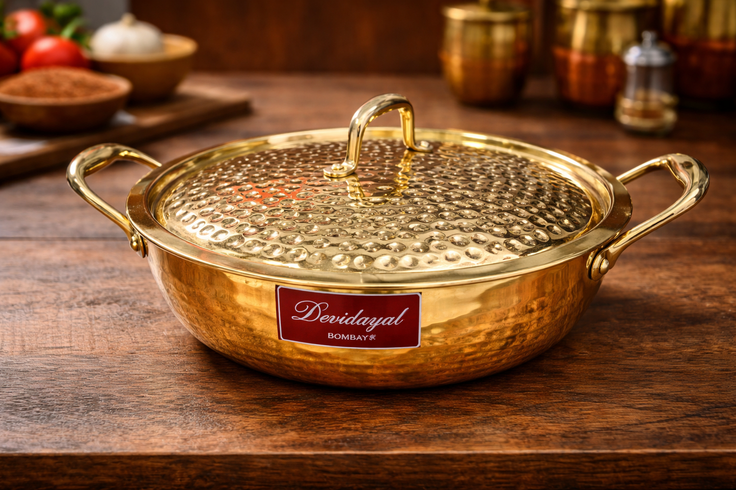 Devidayal Premium Brass Kadhai with Lid 24cm (3.2Ltrs)- Traditional Hammered Design, Durable & Elegant Cookware
