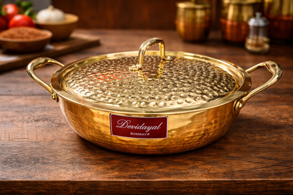 Devidayal Premium Brass Kadhai with Lid 24cm (3.2Ltrs)- Traditional Hammered Design, Durable & Elegant Cookware