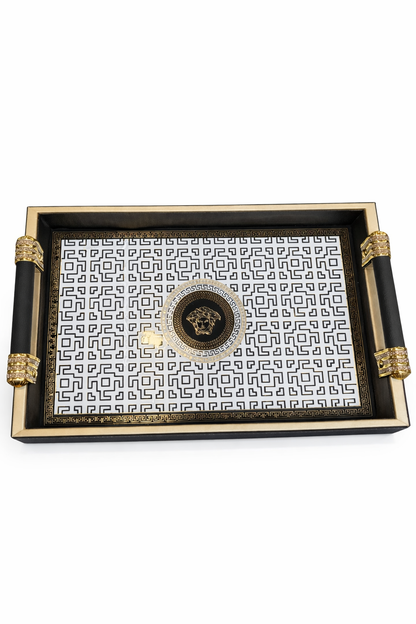 Luxury 4-Piece Wooden Leather Tray Set | Includes Cutlery Holder, Tissue Holder & 2 Trays | Enamel Coated Waterproof