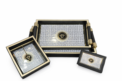 Luxury 4-Piece Wooden Leather Tray Set | Includes Cutlery Holder, Tissue Holder & 2 Trays | Enamel Coated Waterproof