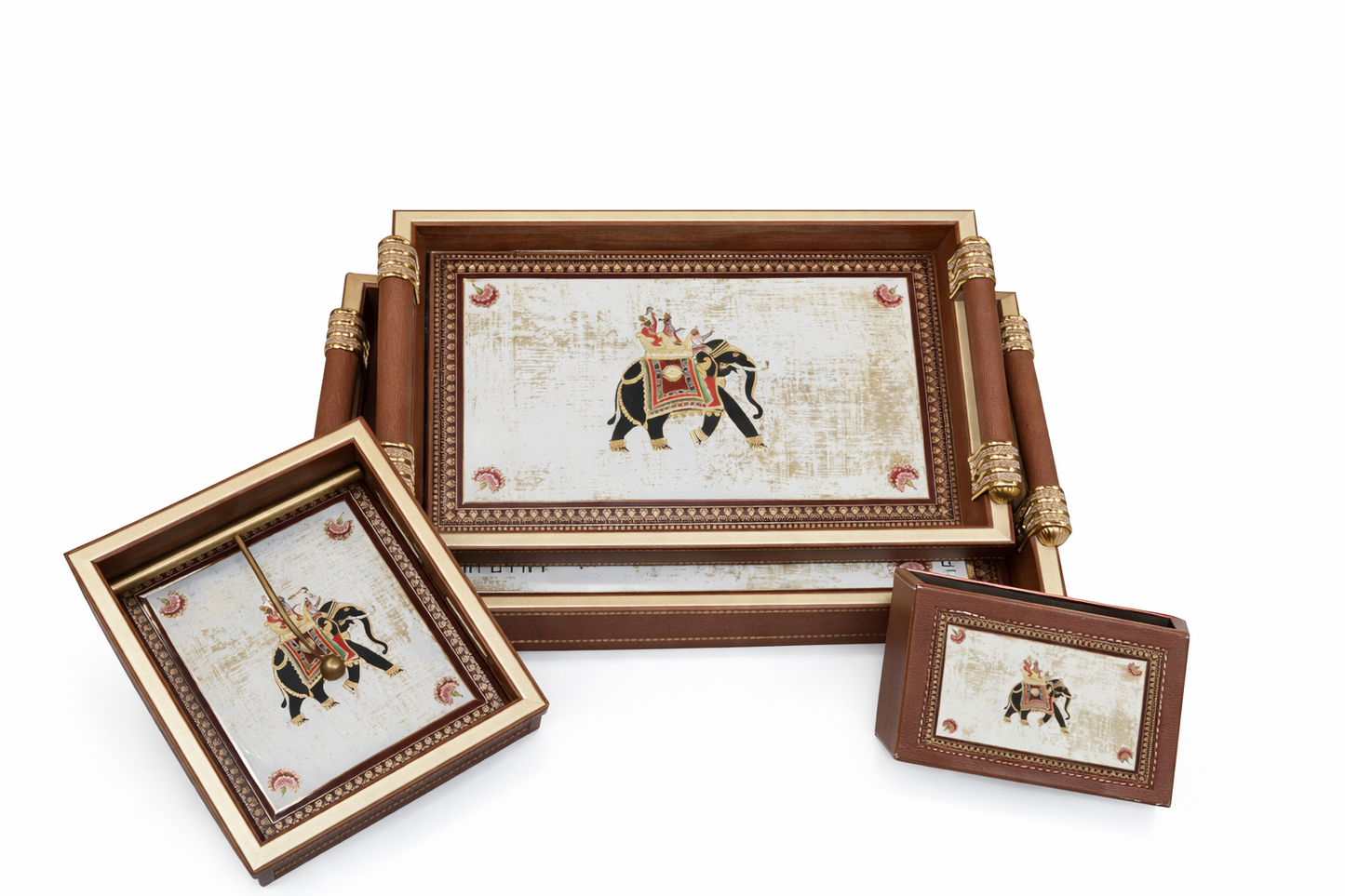 Luxury 4-Piece Wooden Leather Tray Set | Includes Cutlery Holder, Tissue Holder & 2 Trays | Enamel Coated Waterproof (Copy)