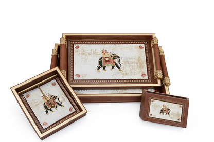 Luxury 4-Piece Wooden Leather Tray Set | Includes Cutlery Holder, Tissue Holder & 2 Trays | Enamel Coated Waterproof (Copy)
