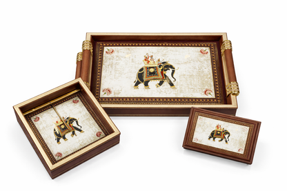 Luxury 4-Piece Wooden Leather Tray Set | Includes Cutlery Holder, Tissue Holder & 2 Trays | Enamel Coated Waterproof (Copy)