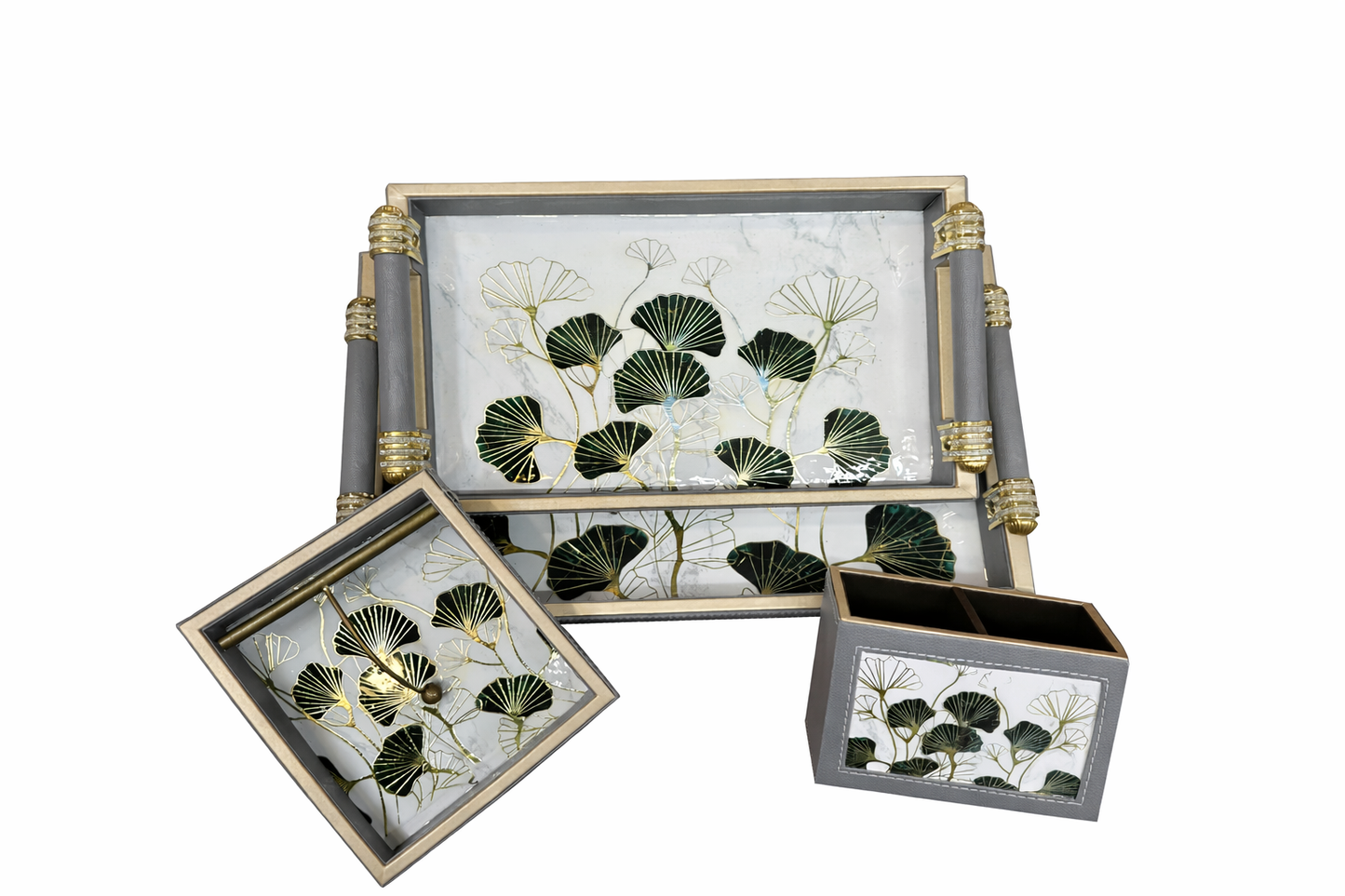 Luxury 4-Piece Wooden Leather Tray Set | Includes Cutlery Holder, Tissue Holder & 2 Trays | Enamel Coated Waterproof
