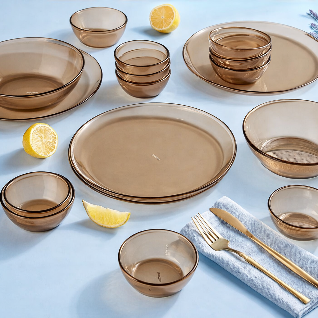 Borosil 27pc Aura India’s First Coloured Handcrafted Dinner Set | Made in India Borosilicate Glass Tableware | Microwave, Dishwasher & Oven Safe | Crockery for Gifting & Dining (Brown)