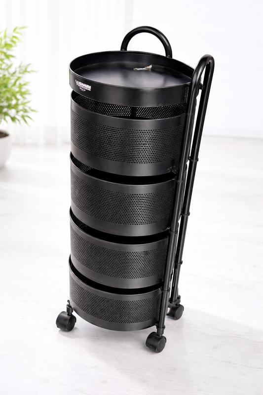 4 Tier Round Metal Vegetable Trolley with Wheels | Multipurpose Kitchen Storage Cart | Heavy-Duty Mesh Basket Organizer (Powder Coated)