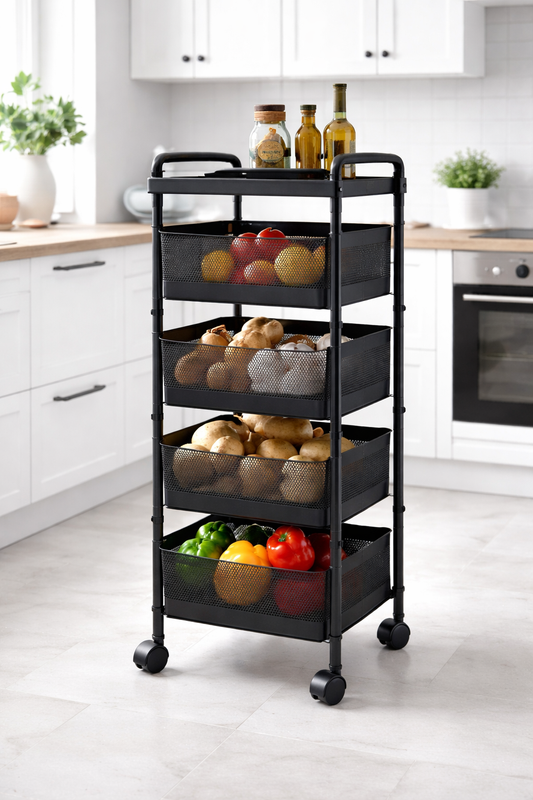 4 Tier Square Metal Vegetable Trolley with Wheels | Multipurpose Kitchen Storage Cart | Heavy-Duty Mesh Basket Organizer (Powder Coated)