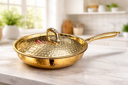Devidayal Brass Frypan with Lid (22 cm)- 1.3 Litres | Pure Brass Kadhai | Hammered Finish | Healthy Traditional Cookware