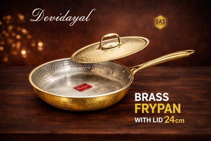 Devidayal Brass Frypan with Lid (24cm)- 1.8 Litres | Pure Brass Kadhai | Hammered Finish | Healthy Traditional Cookware