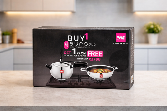 PNB Kitchenmate Euro Duo 3.5 Litre Triply Stainless Steel Pressure Cooker with Free 22 cm Triply Honeycomb Coated Kadhai | Induction & Gas Compatible | Premium Cookware Combo
