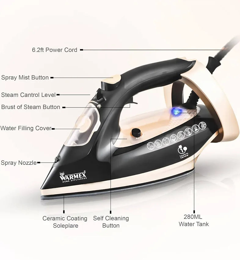 Warmex OTSI 2000W Steam Iron with Ceramic Coated Soleplate, 300ml Water Tank, Auto Shut-Off & Spray Function – Golden & Black