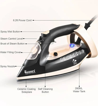 Warmex OTSI 2000W Steam Iron with Ceramic Coated Soleplate, 300ml Water Tank, Auto Shut-Off & Spray Function – Golden & Black