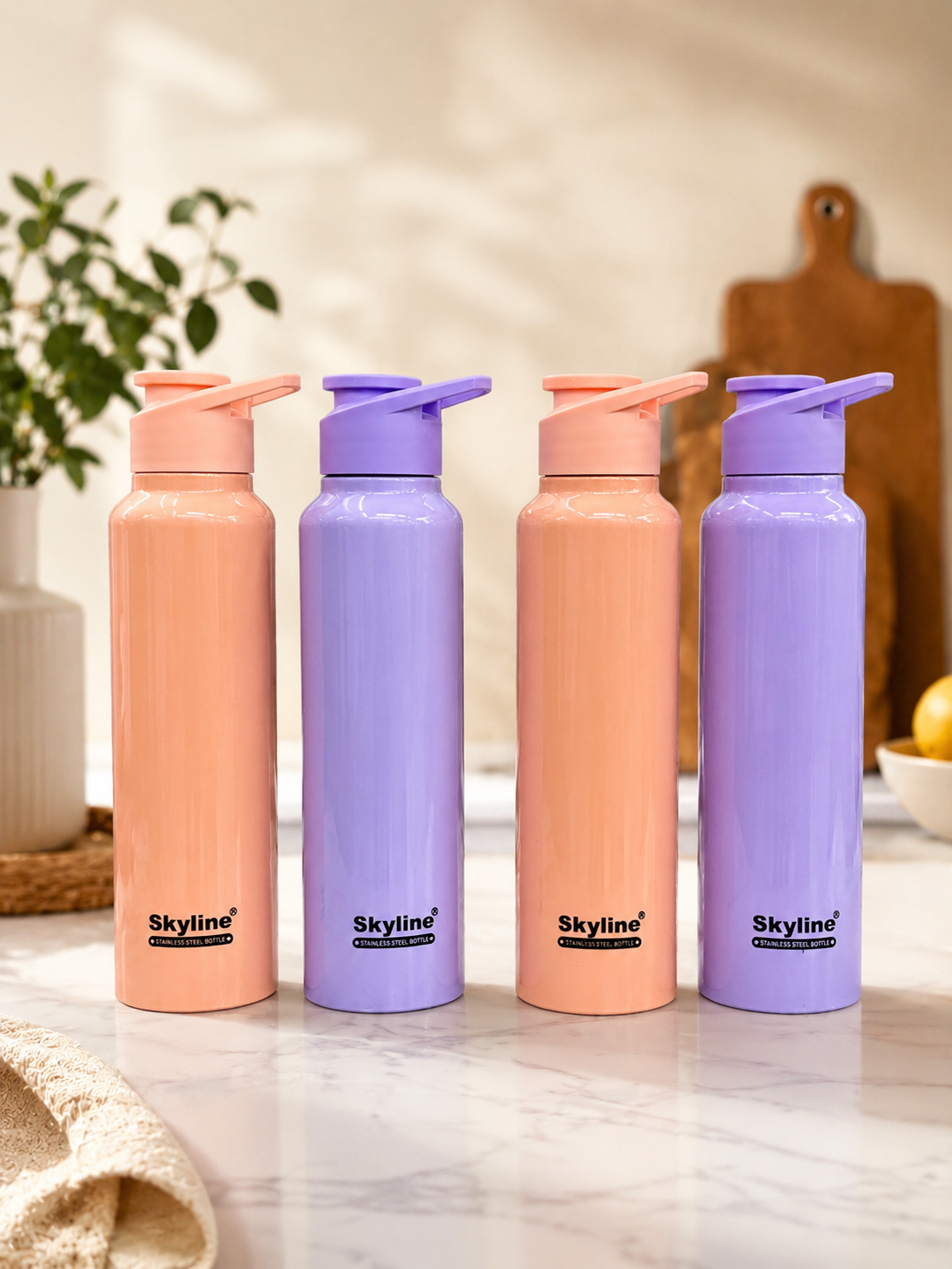Skyline Stainless Steel Water Bottle Set of 4 | BPA Free Leakproof Fridge Bottles | Reusable Insulated Steel Bottles for Home, Office, School & Gym | Peach & Lavender Color Combo