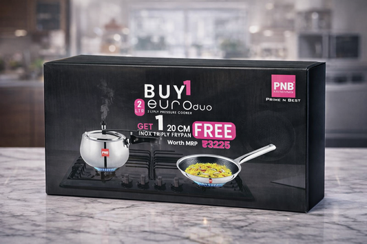 PNB Kitchenmate 2 Litre Triply Pressure Cooker with FREE 20 cm Honeycomb Triply Fry Pan | Stainless Steel Cooker Combo for Gas Stove