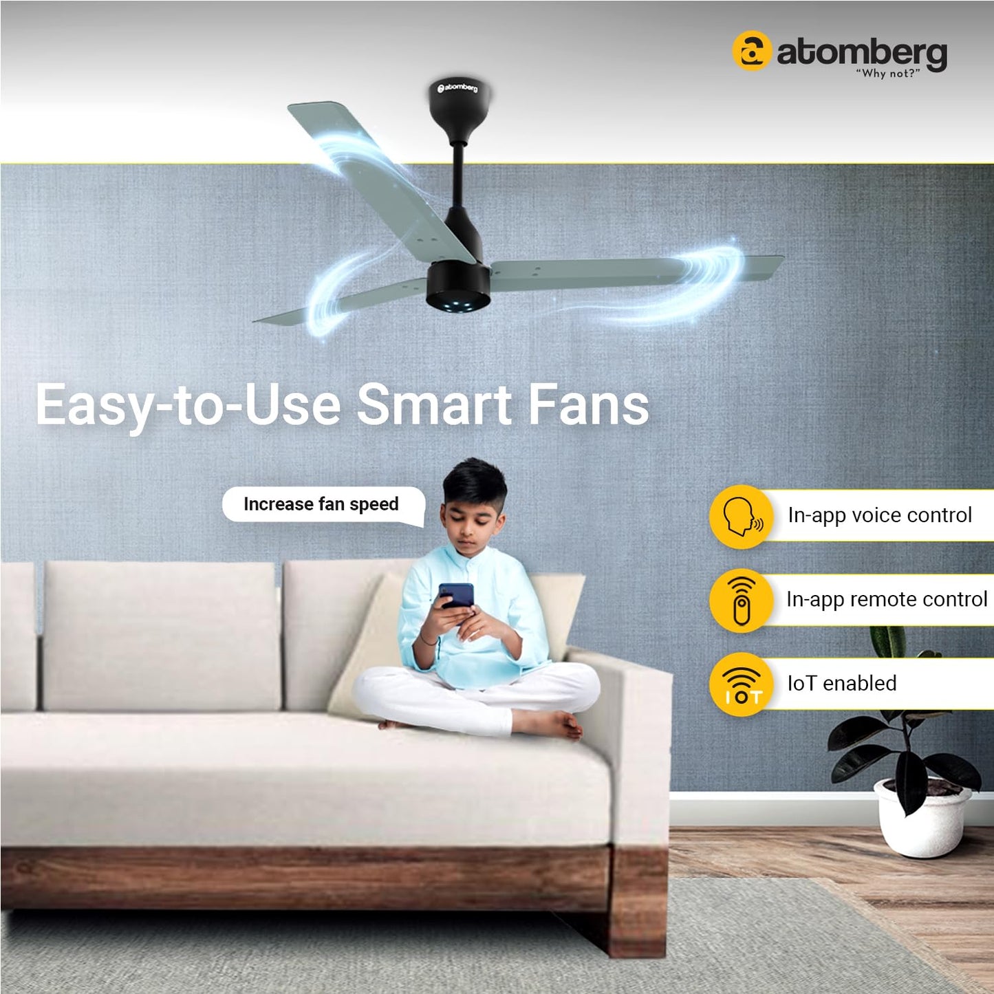 Atomberg Renesa Smart 1200mm BLDC Ceiling Fan with IoT &amp; Remote | Energy Efficient Ceiling Fan | Ceiling fan for Living Room | High Air Delivery with LED Indicators (Misty Teal)