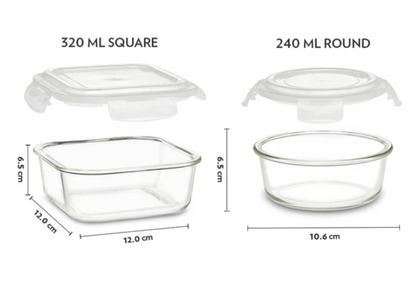 Borosil Pro Universal Glass Lunchbox, 320ml x 2 + 240ml x 2