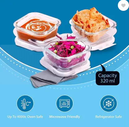 Oliveware Contra Glassware Lunch Box 3x320ml, Microwave safe & Borosilicate Glass 3 Containers Glass Office Lunch Box  (960 ml)