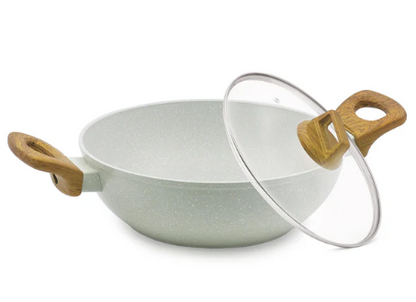 Bergner Naturally Cast Aluminum 24cm (2 L) Kadai with Glass Lid, Marble Non-Stick Coating, Less Oil Use, Scratch Resistant Kadhai, Soft Touch Stylish Handles - Induction Bottom, Free Non-Woven Trivet
