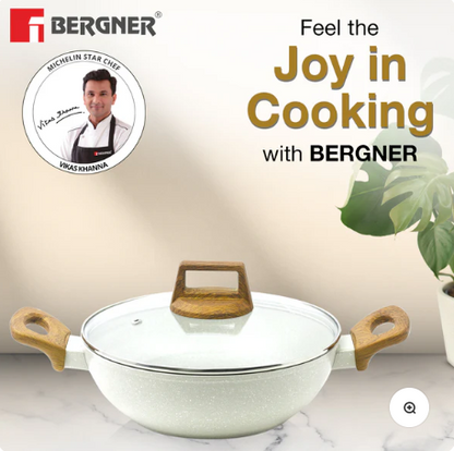 Bergner Naturally Cast Aluminum 24cm (2 L) Kadai with Glass Lid, Marble Non-Stick Coating, Less Oil Use, Scratch Resistant Kadhai, Soft Touch Stylish Handles - Induction Bottom, Free Non-Woven Trivet