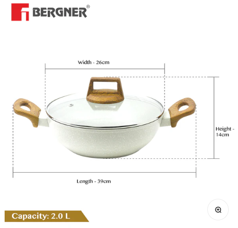 Bergner Naturally Cast Aluminum 24cm (2 L) Kadai with Glass Lid, Marble Non-Stick Coating, Less Oil Use, Scratch Resistant Kadhai, Soft Touch Stylish Handles - Induction Bottom, Free Non-Woven Trivet