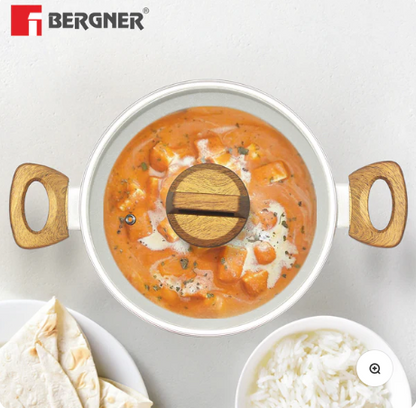 Bergner Naturally Cast Aluminum 24cm (2 L) Kadai with Glass Lid, Marble Non-Stick Coating, Less Oil Use, Scratch Resistant Kadhai, Soft Touch Stylish Handles - Induction Bottom, Free Non-Woven Trivet