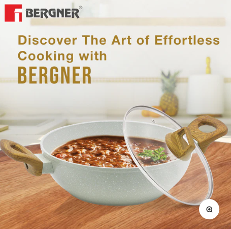 Bergner Naturally Cast Aluminum 24cm (2 L) Kadai with Glass Lid, Marble Non-Stick Coating, Less Oil Use, Scratch Resistant Kadhai, Soft Touch Stylish Handles - Induction Bottom, Free Non-Woven Trivet