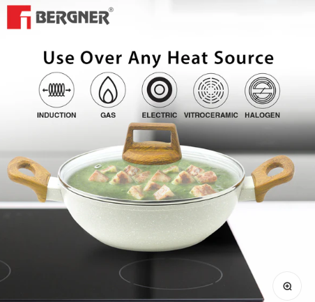 Bergner Naturally Cast Aluminum 24cm (2 L) Kadai with Glass Lid, Marble Non-Stick Coating, Less Oil Use, Scratch Resistant Kadhai, Soft Touch Stylish Handles - Induction Bottom, Free Non-Woven Trivet