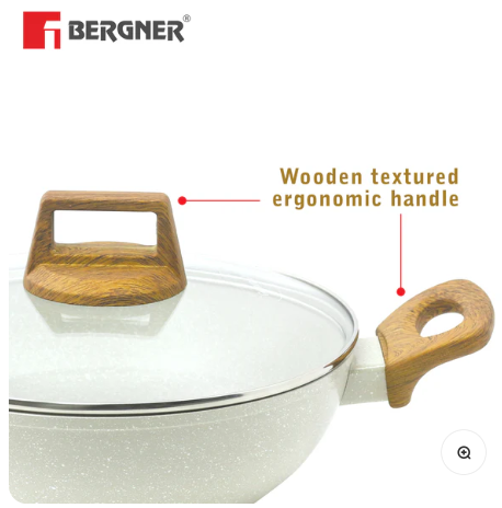 Bergner Naturally Cast Aluminum 24cm (2 L) Kadai with Glass Lid, Marble Non-Stick Coating, Less Oil Use, Scratch Resistant Kadhai, Soft Touch Stylish Handles - Induction Bottom, Free Non-Woven Trivet