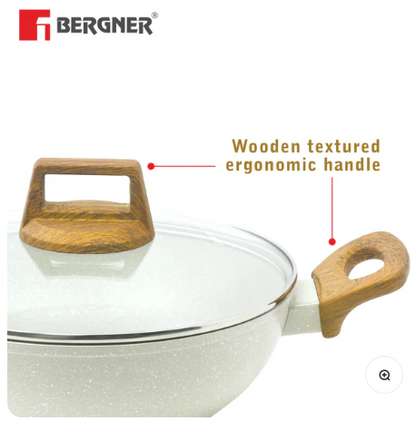 Bergner Naturally Cast Aluminum 24cm (2 L) Kadai with Glass Lid, Marble Non-Stick Coating, Less Oil Use, Scratch Resistant Kadhai, Soft Touch Stylish Handles - Induction Bottom, Free Non-Woven Trivet