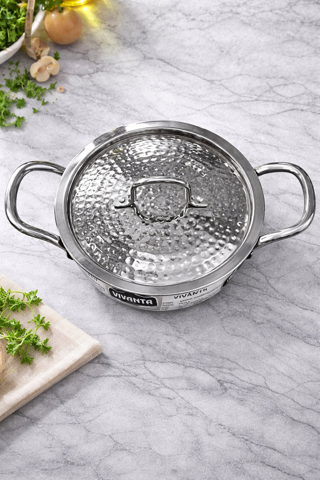 Vivanta 24cm Triply Stainless Steel Kadhai (3.2 Litre) with Glass Lid | Hammered Finish | Induction & Gas Compatible | Heavy Bottom Cookware
