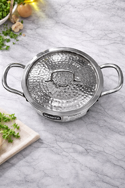 Vivanta 24cm Triply Stainless Steel Kadhai (3.2 Litre) with Glass Lid | Hammered Finish | Induction & Gas Compatible | Heavy Bottom Cookware