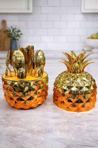 Pineapple Shape Golden PVD Coated Cutlery Set – 24 Pcs Premium Stainless Steel Flatware with Storage Jar (6 Spoons, 6 Baby Spoons, 6 Forks, 6 Butter Knives)