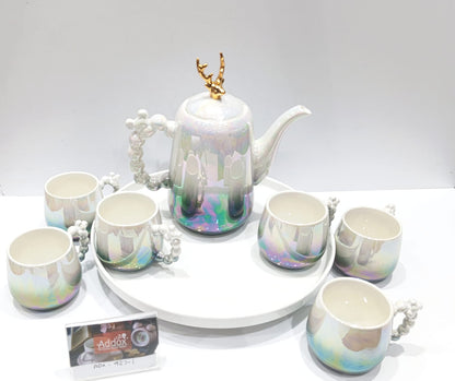 Addox 360° Rotating Tea Kettle Set – Microwave-Safe Kettle + 6-Piece Cup Set on Swivel Tray- Pink Color
