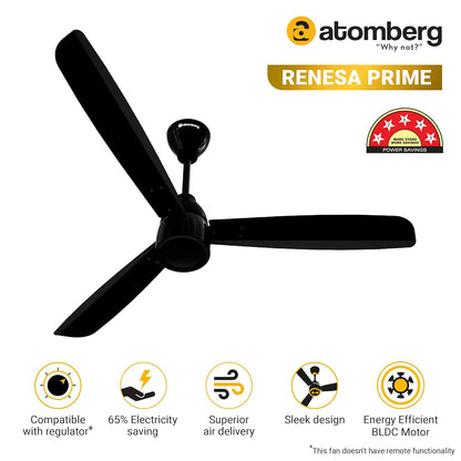 Atomberg Renesa Prime 1200mm BLDC Ceiling Fan Compatible with Regulators| BEE 5 star Rated Energy Efficient Ceiling Fan | High Air Delivery with LED Indicator (Gloss Black)