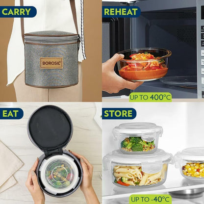 Borosil Pro Borosilicate Glass Lunchbox with Bag | 2 pc Round Container Set (400 ml Each) | Microwave & Dishwasher Safe, Leakproof | Tiffin for Office, School, College | Transparent, Vertical