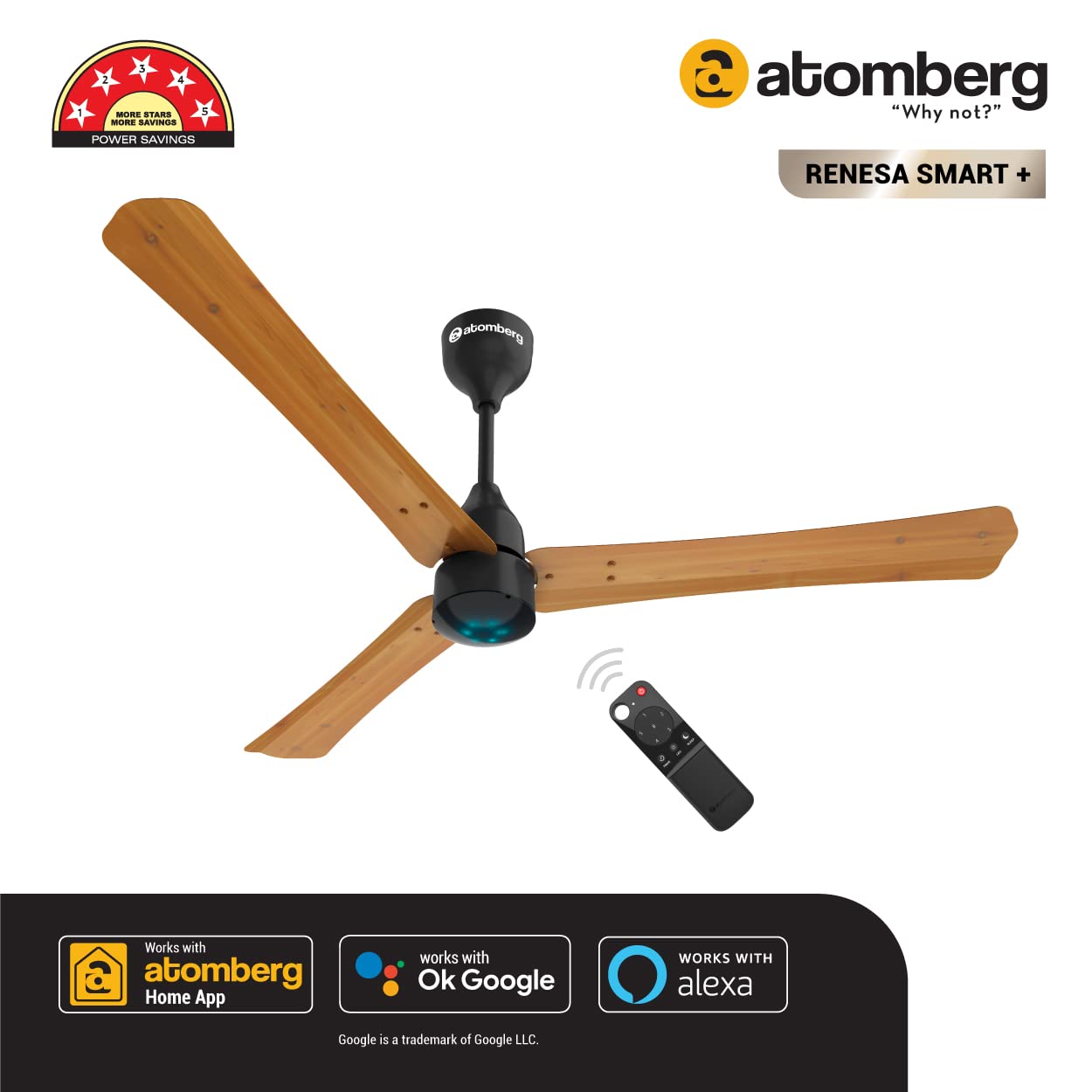 Atomberg Renesa Smart+ 1200 mm BLDC Ceiling Fan with IoT, Remote Control & LED Indicators | Golden Oakwood