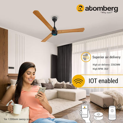 Atomberg Renesa Smart+ 1200 mm BLDC Ceiling Fan with IoT, Remote Control & LED Indicators | Golden Oakwood