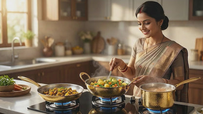 Devidayal Premium Brass Kadhai with Lid 24cm (3.2Ltrs)- Traditional Hammered Design, Durable & Elegant Cookware