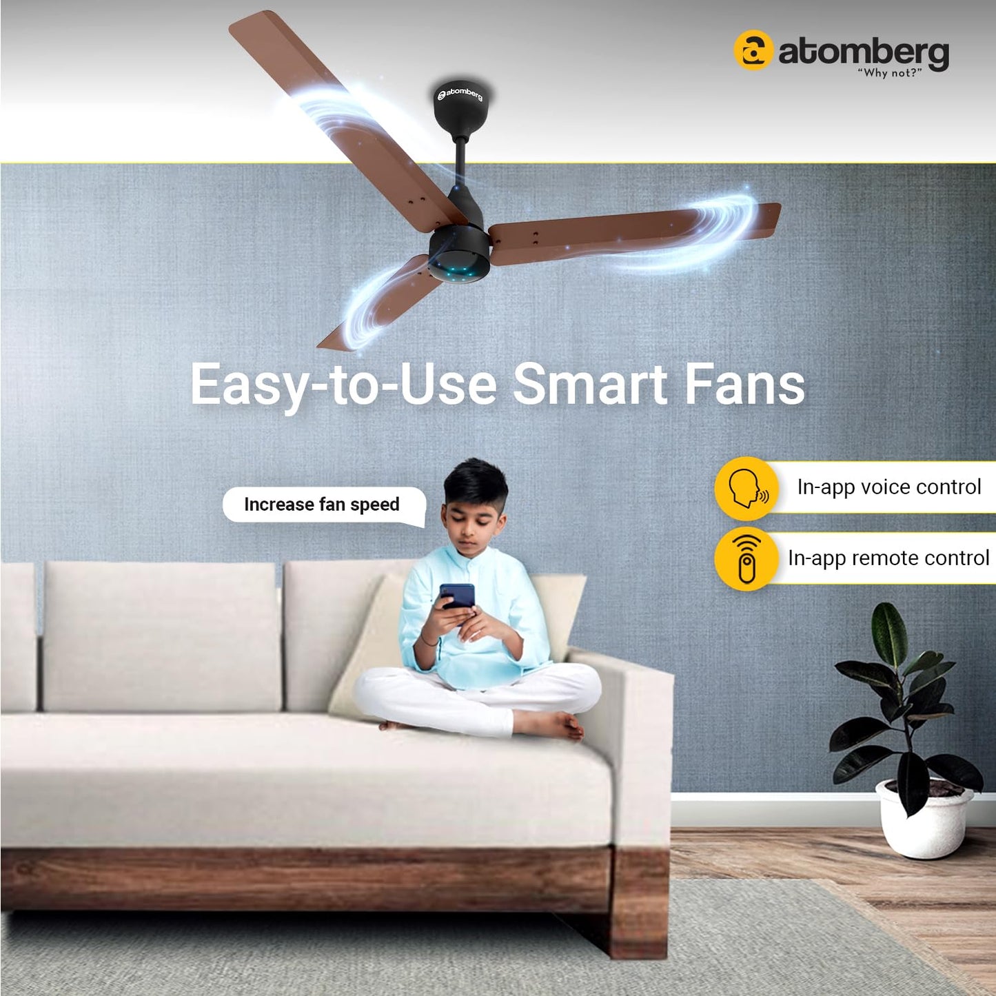 Atomberg Renesa Smart 1200mm BLDC Ceiling Fan with IoT &amp; Remote | Energy Efficient Ceiling Fan | Ceiling fan for Living Room | High Air Delivery with LED Indicators (Brown &amp; Black)